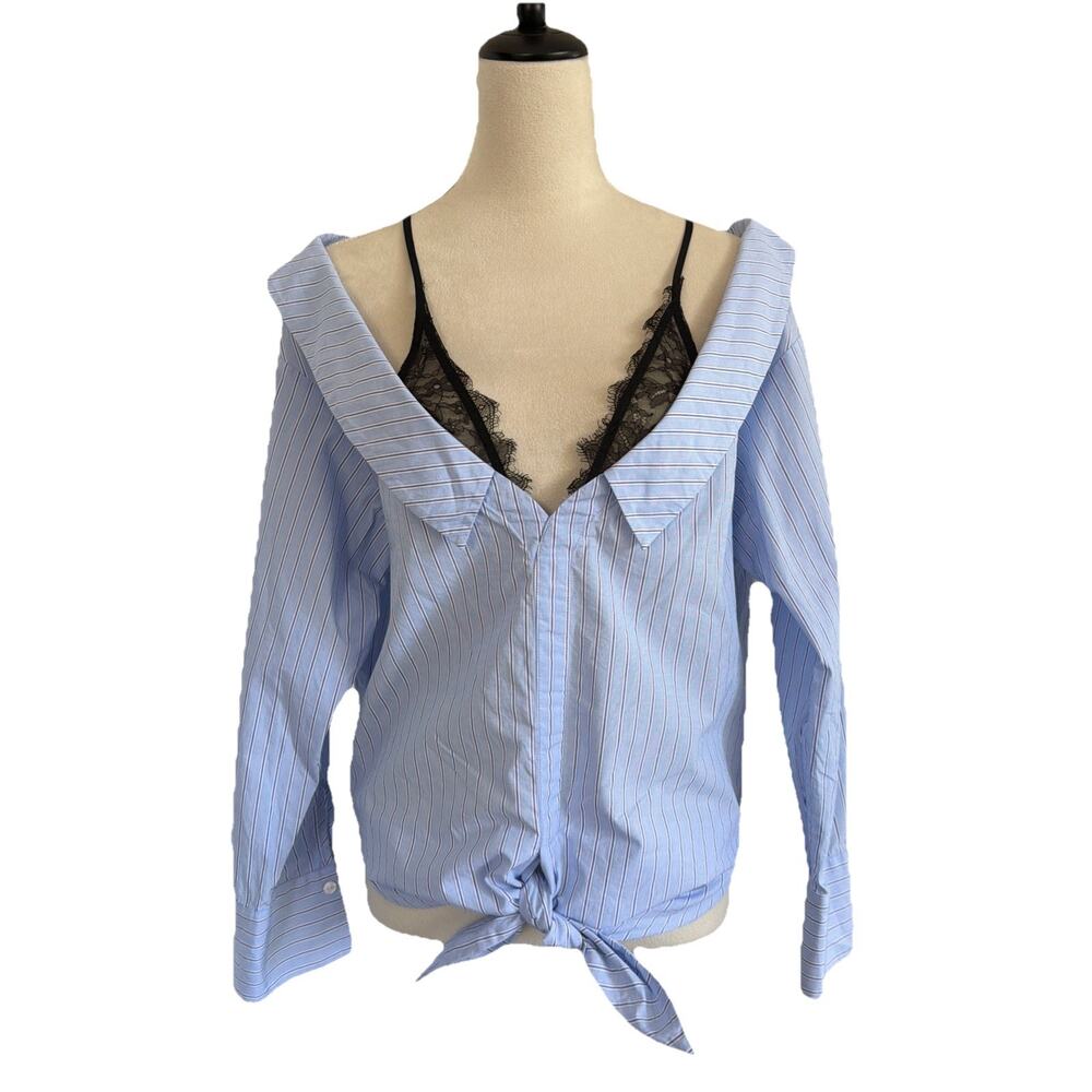 Urban Revivo Layered Shirt Size 10 Blue Pinstripe Black Lace Detail Off Shoulder - Picture 11 of 11